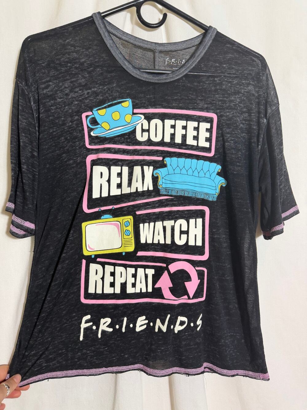 Friends Coffee Relax Watch Repeat Burnout Graphic T-Shirt Women’s M TV Show Tee
